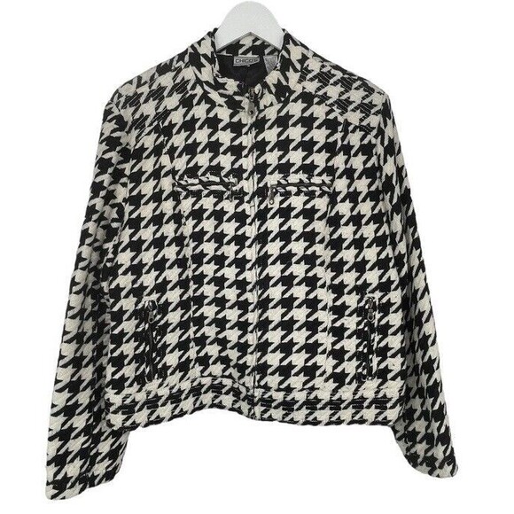 CHICOS Jacket size 2 Knit Motto Jacket Black & White Houndstooth Outerwear Large - Picture 1 of 14